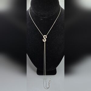 Silver Tone 'S' Lariat Necklace Adjustable Slide Length Clear Glass Crystals 32"